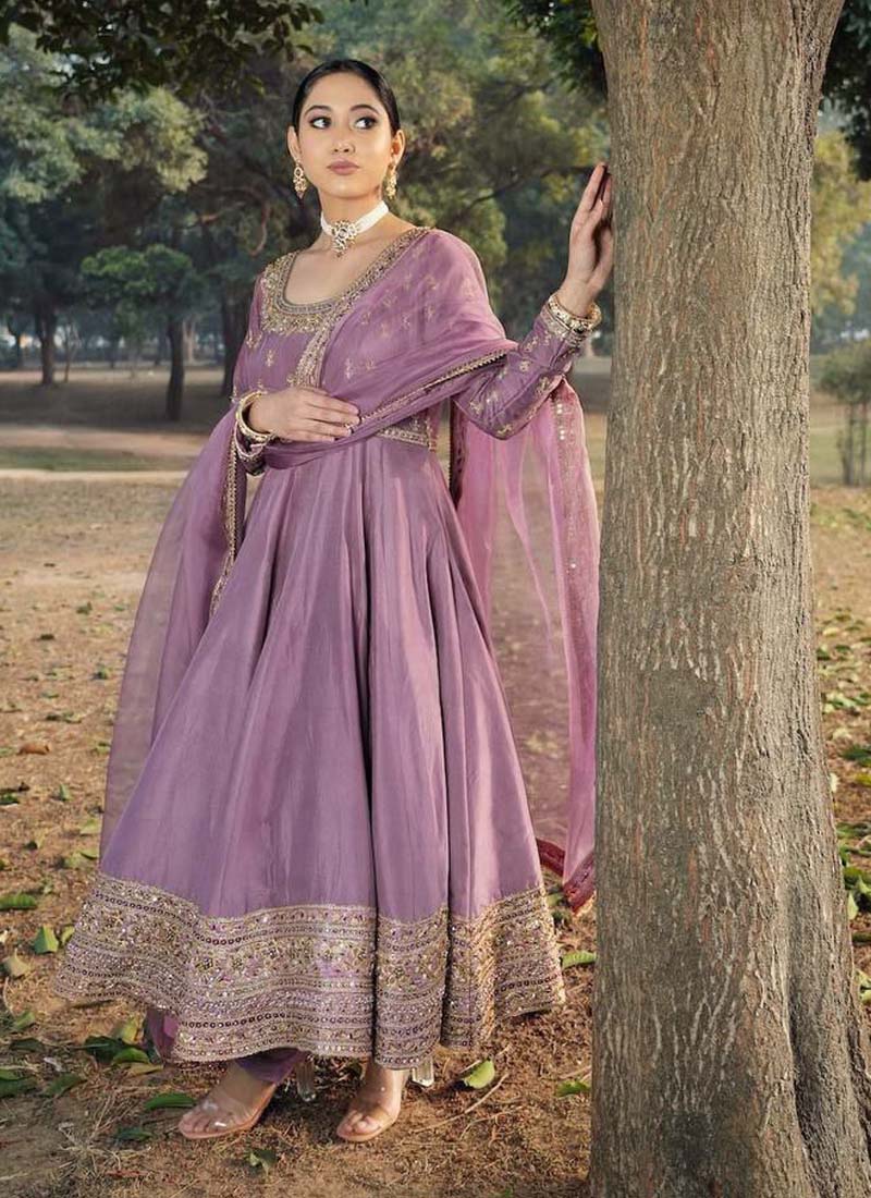 Prazu Fashion Lavender Roman Silk Embroidered Anarkali Suit | Grocsy