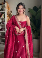 Prazu Fashion Maroon Silk Embroidered Thread Palazzo Suit | Grocsy