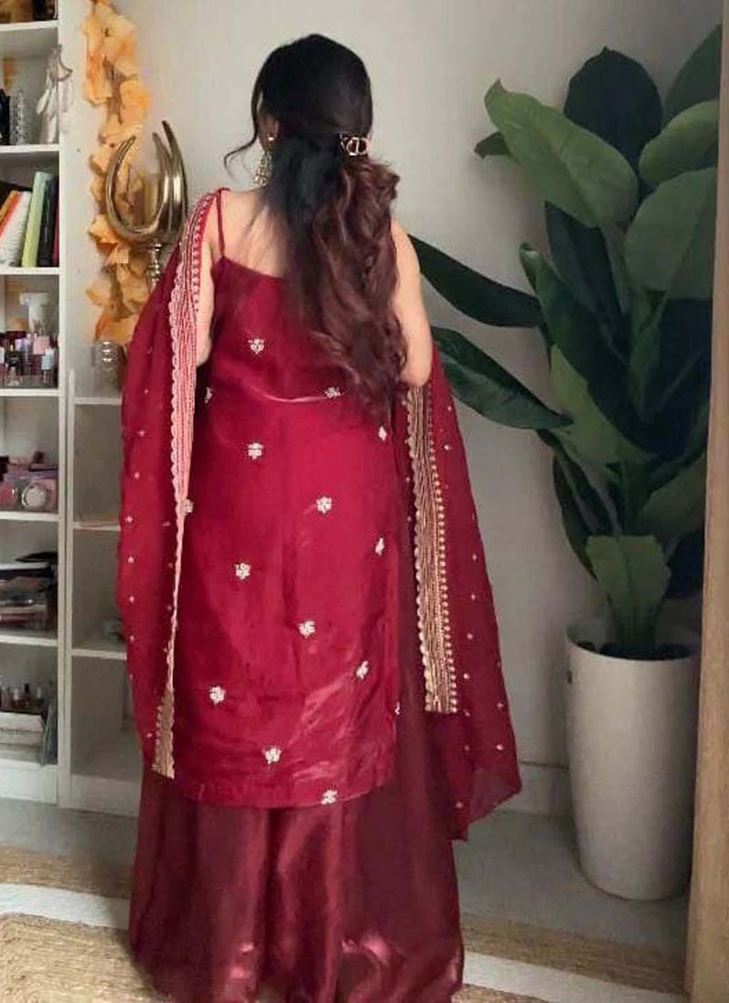 Prazu Fashion Maroon Silk Embroidered Thread Palazzo Suit | Grocsy