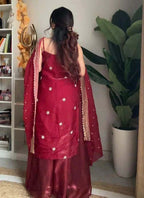 Prazu Fashion Maroon Silk Embroidered Thread Palazzo Suit | Grocsy