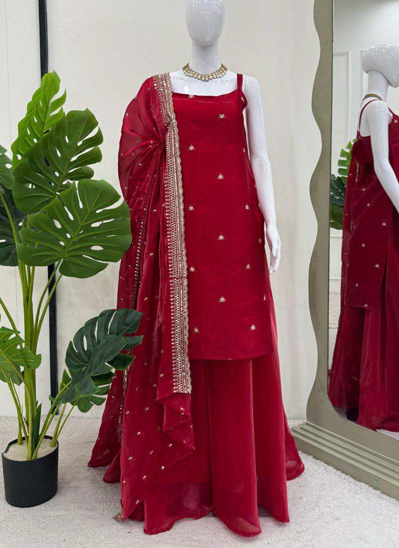 Prazu Fashion Maroon Silk Embroidered Thread Palazzo Suit | Grocsy