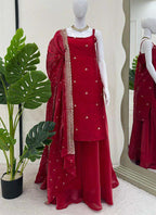 Prazu Fashion Maroon Silk Embroidered Thread Palazzo Suit | Grocsy