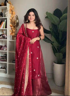 Prazu Fashion Maroon Silk Embroidered Thread Palazzo Suit | Grocsy