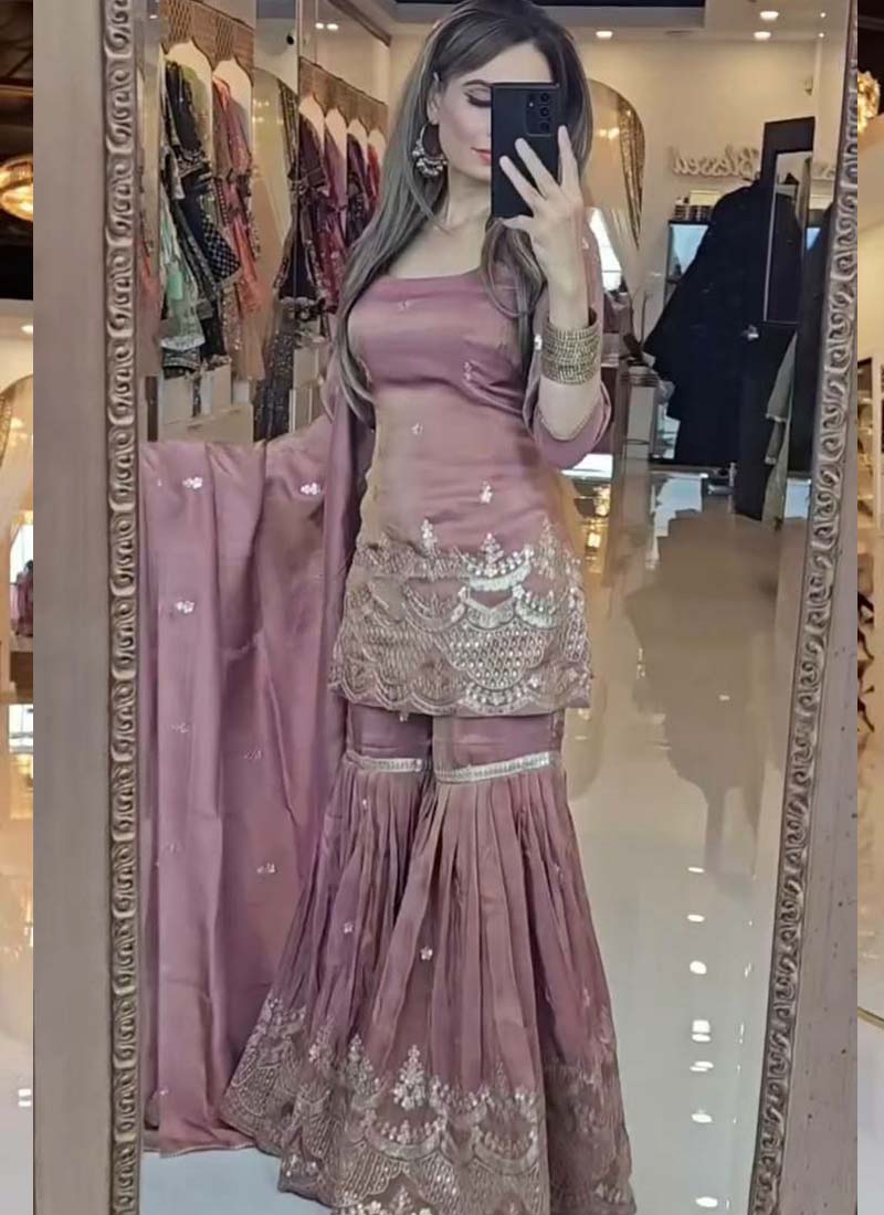 Prazu Fashion Onion Pink Chinon Silk Embroidered Plazzo Suit | Grocsy