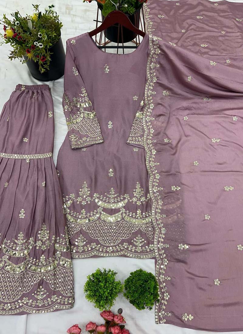 Prazu Fashion Onion Pink Chinon Silk Embroidered Plazzo Suit | Grocsy