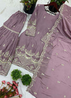 Prazu Fashion Onion Pink Chinon Silk Embroidered Plazzo Suit | Grocsy