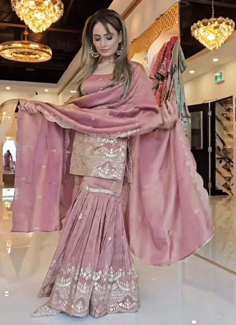 Prazu Fashion Onion Pink Chinon Silk Embroidered Plazzo Suit | Grocsy
