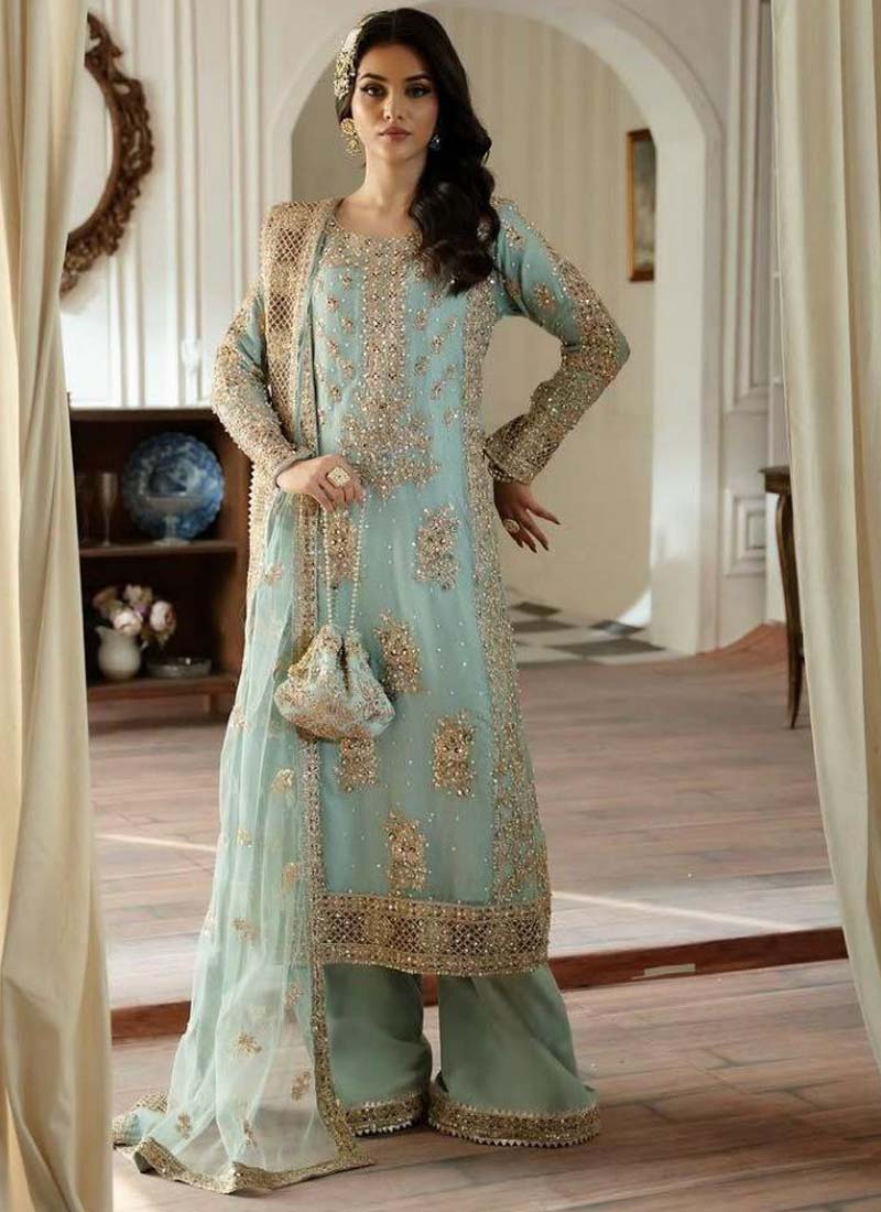 Prazu Fashion Sky Blue Georgette Embroidered Palazzo Suit | Grocsy