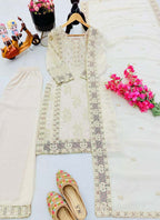 Prazu Fashion Off White Georgette Embroidered Palazzo Suit | Grocsy