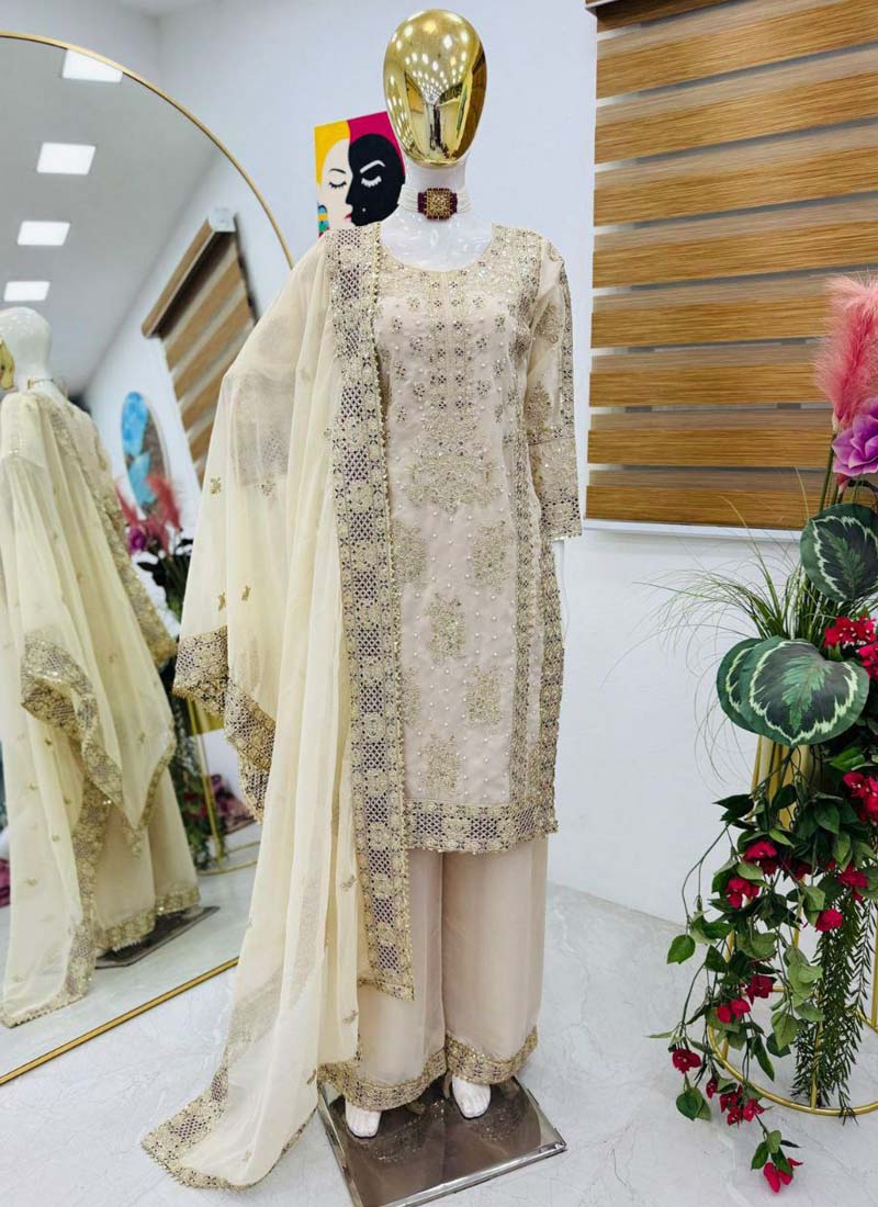 Prazu Fashion Off White Georgette Embroidered Palazzo Suit | Grocsy