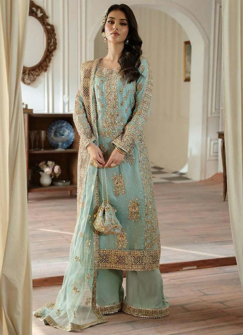 Prazu Fashion Sky Blue Georgette Embroidered Palazzo Suit | Grocsy
