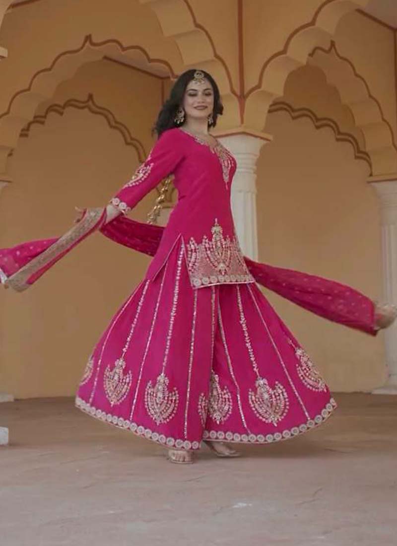 Prazu Fashion Pink Chinon Silk Embroidered Sharara Suit | Grocsy