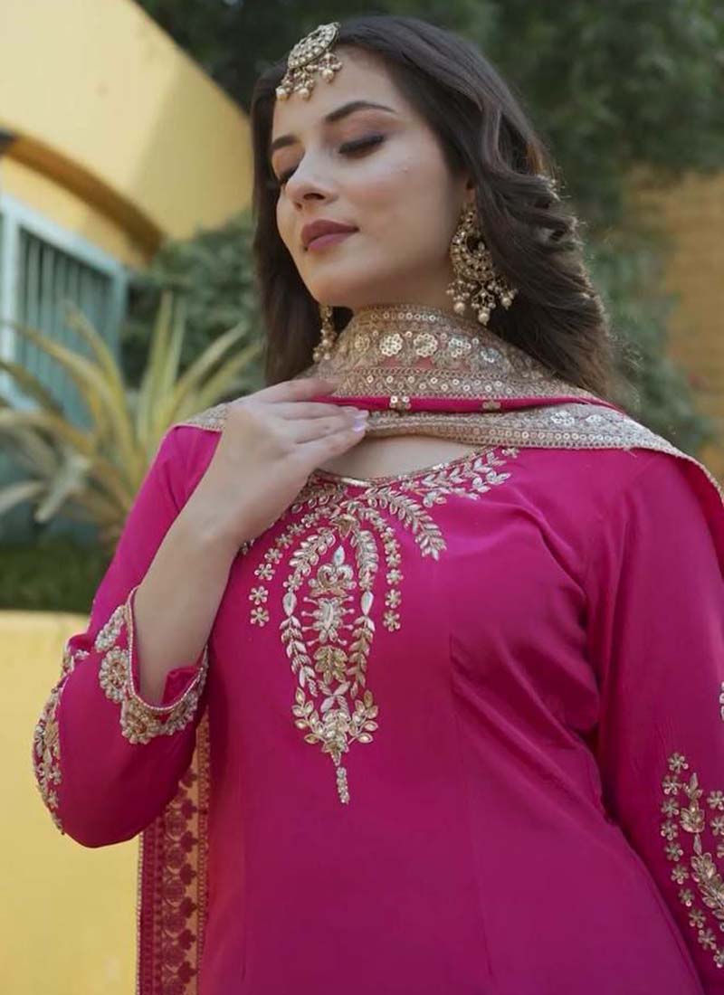 Prazu Fashion Pink Chinon Silk Embroidered Sharara Suit | Grocsy