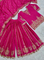 Prazu Fashion Pink Chinon Silk Embroidered Sharara Suit | Grocsy