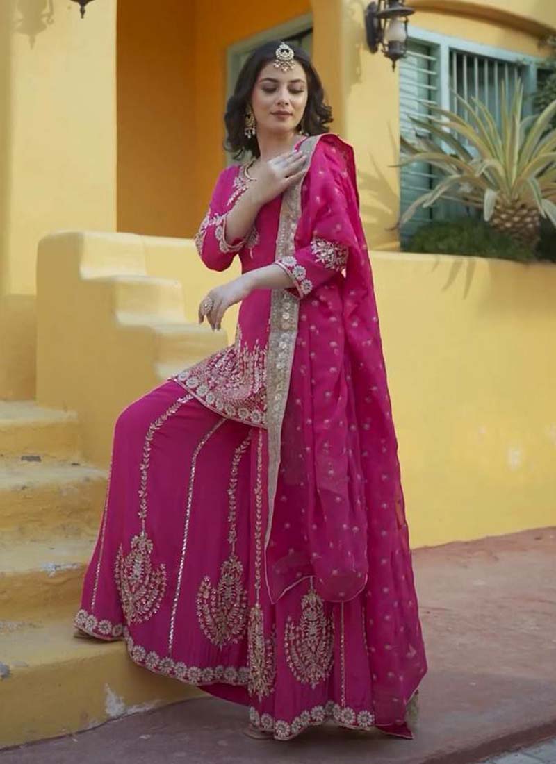 Prazu Fashion Pink Chinon Silk Embroidered Sharara Suit | Grocsy