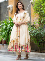 Prazu Fashion Cream Chinon Silk Embroidered Anarkali Suit | Grocsy