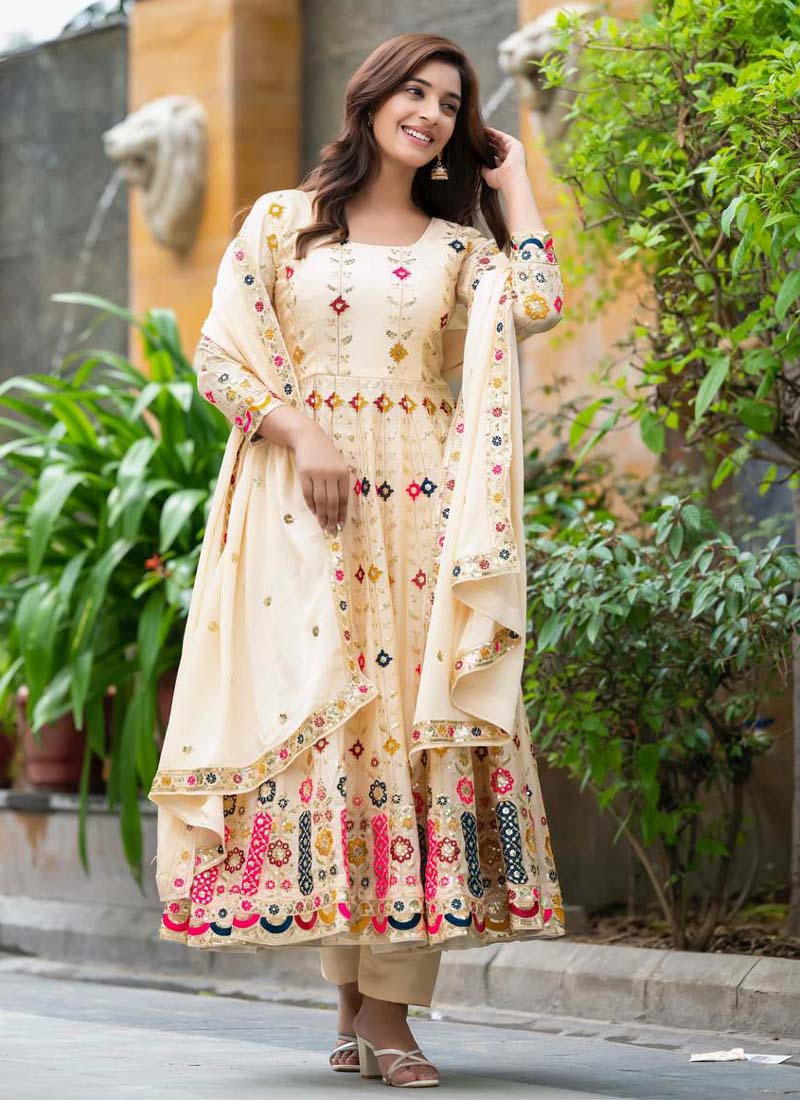 Prazu Fashion Cream Chinon Silk Embroidered Anarkali Suit | Grocsy