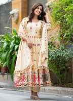 Prazu Fashion Cream Chinon Silk Embroidered Anarkali Suit | Grocsy
