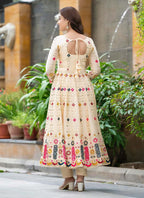 Prazu Fashion Cream Chinon Silk Embroidered Anarkali Suit | Grocsy