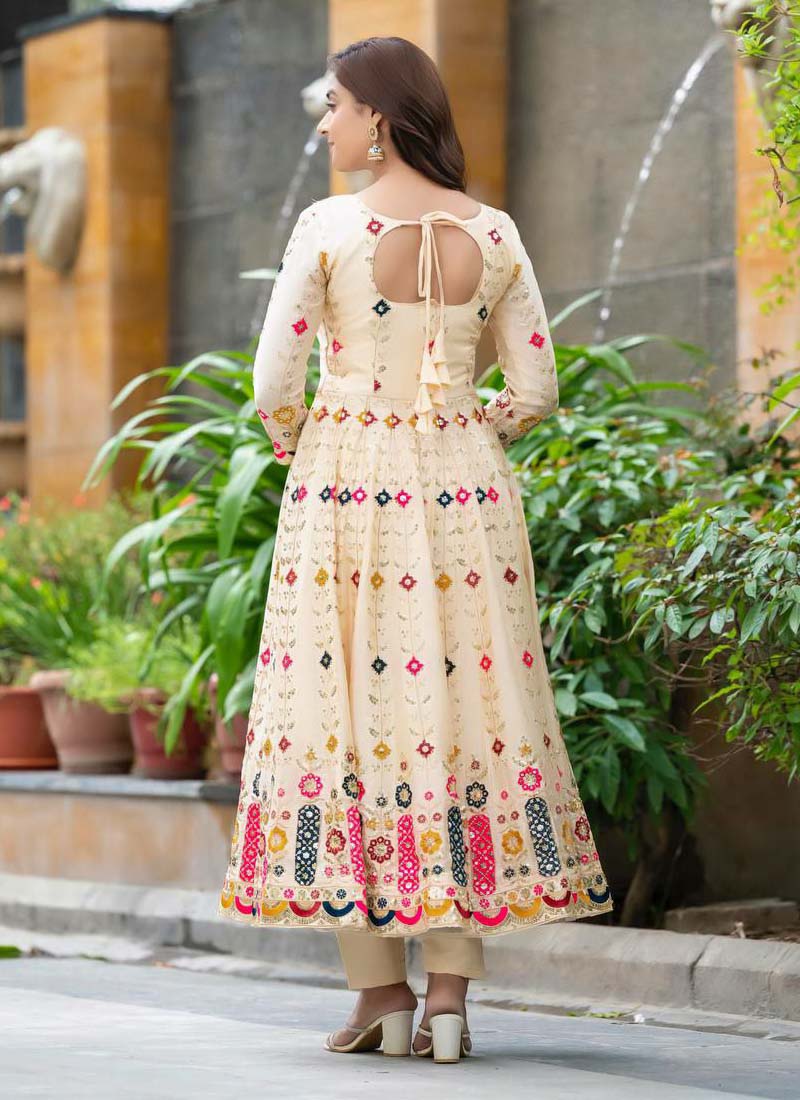 Prazu Fashion Cream Chinon Silk Embroidered Anarkali Suit | Grocsy