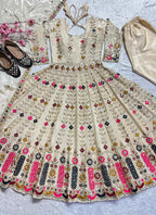 Prazu Fashion Cream Chinon Silk Embroidered Anarkali Suit | Grocsy