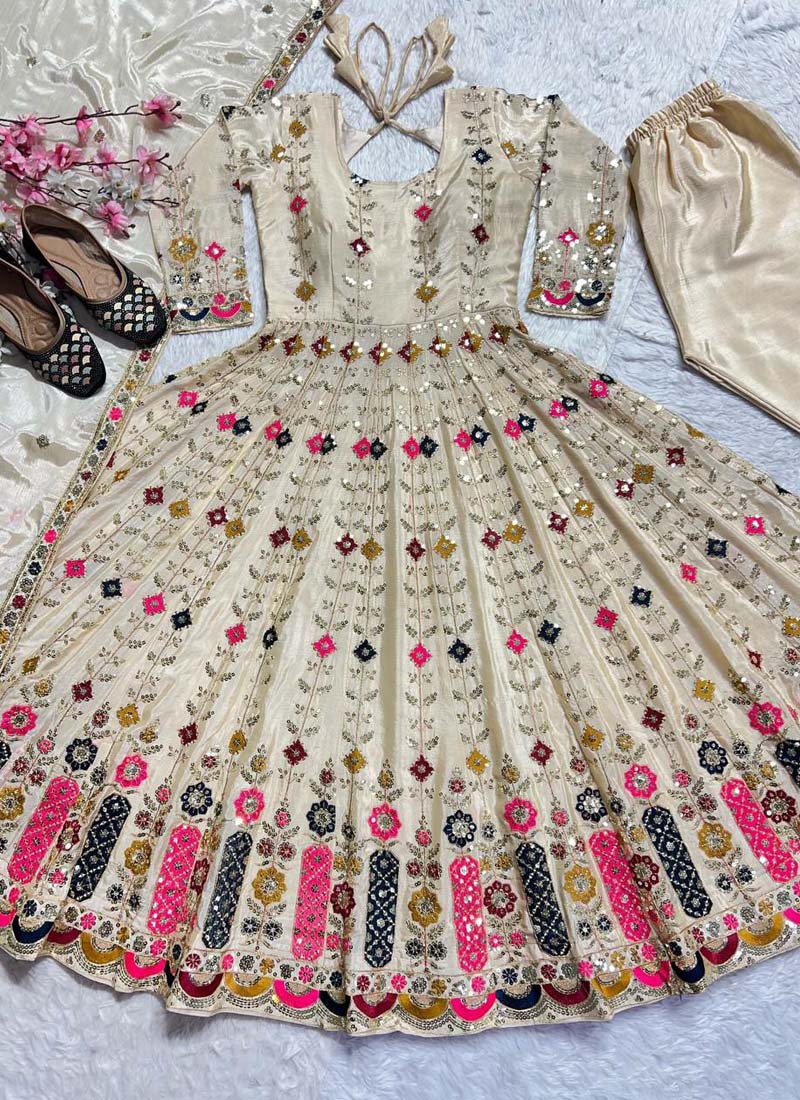 Prazu Fashion Cream Chinon Silk Embroidered Anarkali Suit | Grocsy