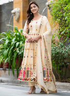 Prazu Fashion Cream Chinon Silk Embroidered Anarkali Suit | Grocsy