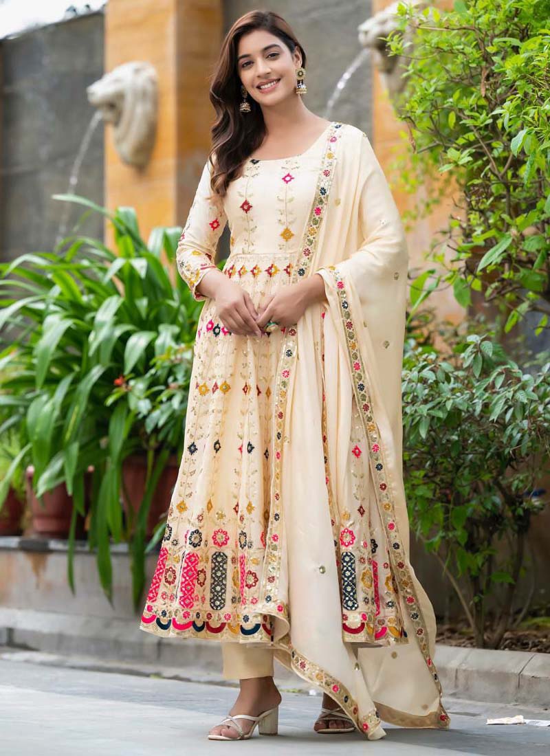 Prazu Fashion Cream Chinon Silk Embroidered Anarkali Suit | Grocsy