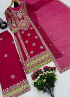 Prazu Fashion Pink Georgette Embroidered Palazzo Suit | Grocsy