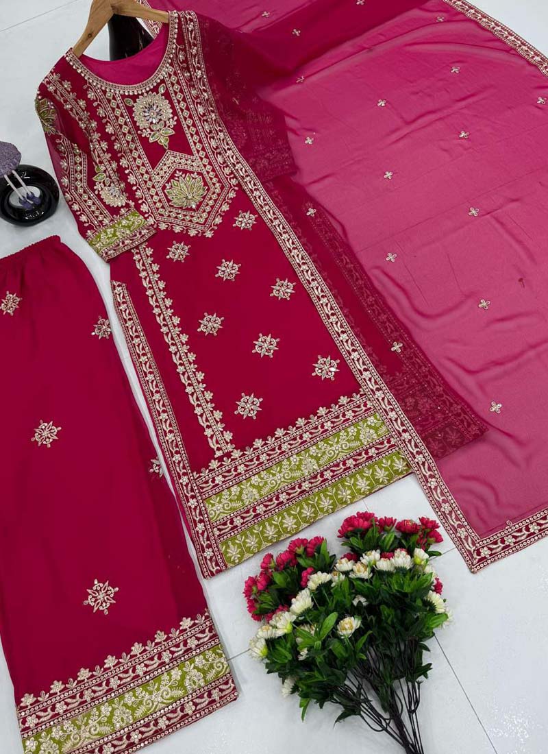 Prazu Fashion Pink Georgette Embroidered Palazzo Suit | Grocsy