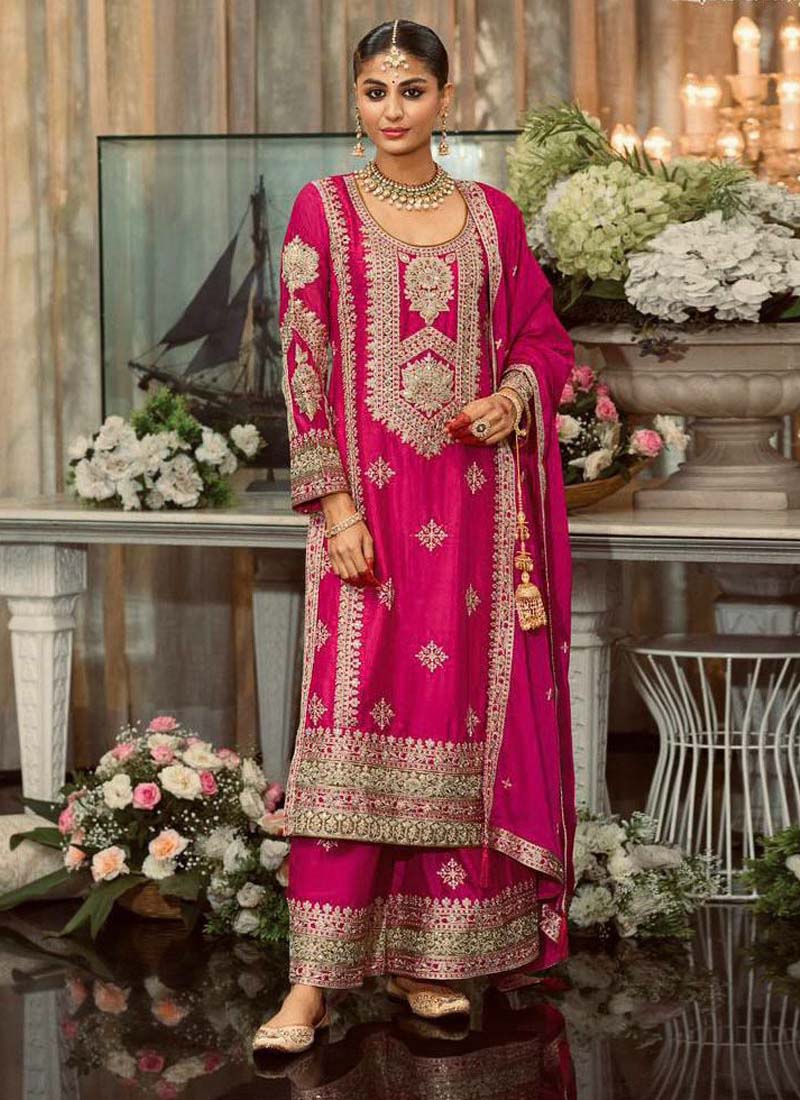 Prazu Fashion Pink Georgette Embroidered Palazzo Suit | Grocsy