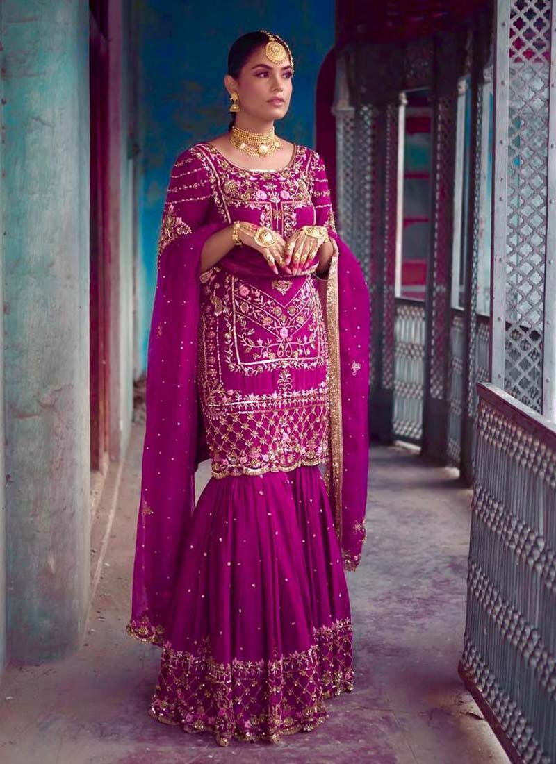 Prazu Fashion Purple Chinon Silk Embroidered Sharara Suit | Grocsy