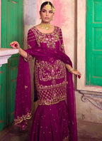 Prazu Fashion Purple Chinon Silk Embroidered Sharara Suit | Grocsy