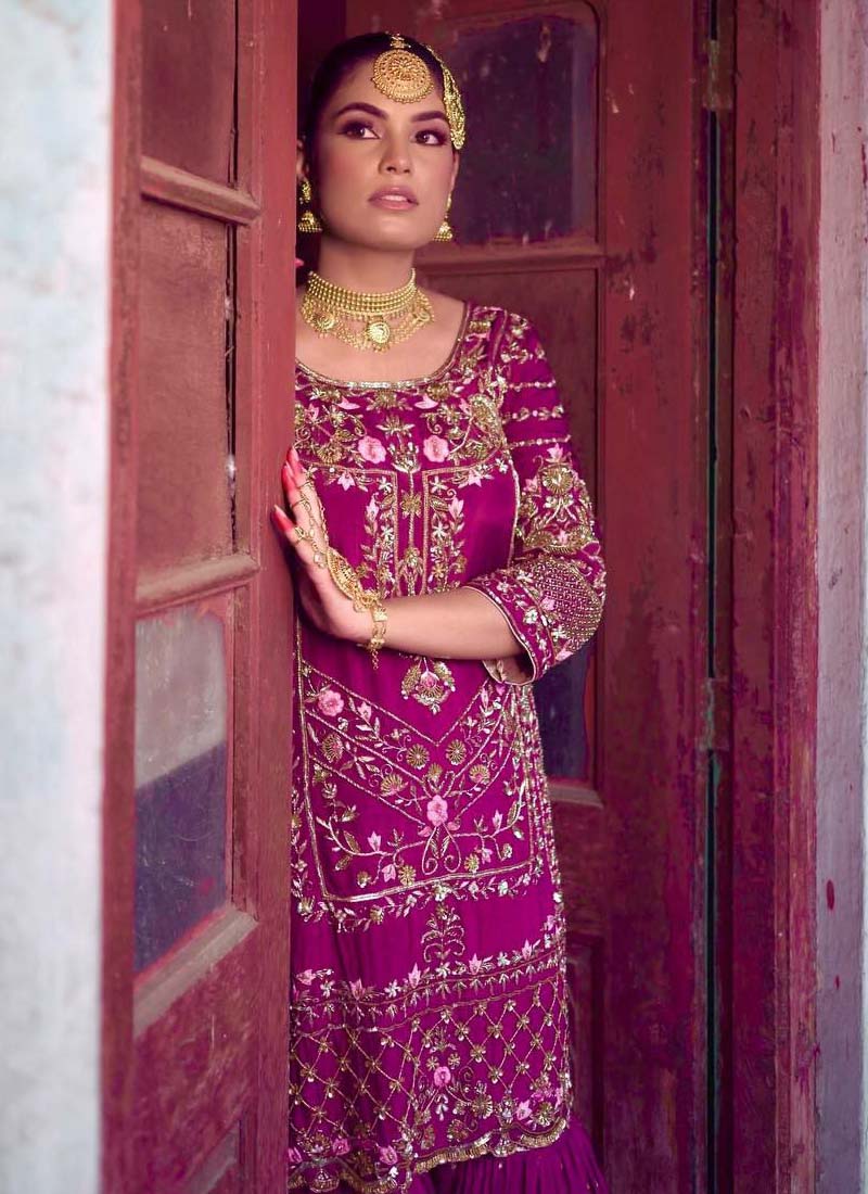 Prazu Fashion Purple Chinon Silk Embroidered Sharara Suit | Grocsy