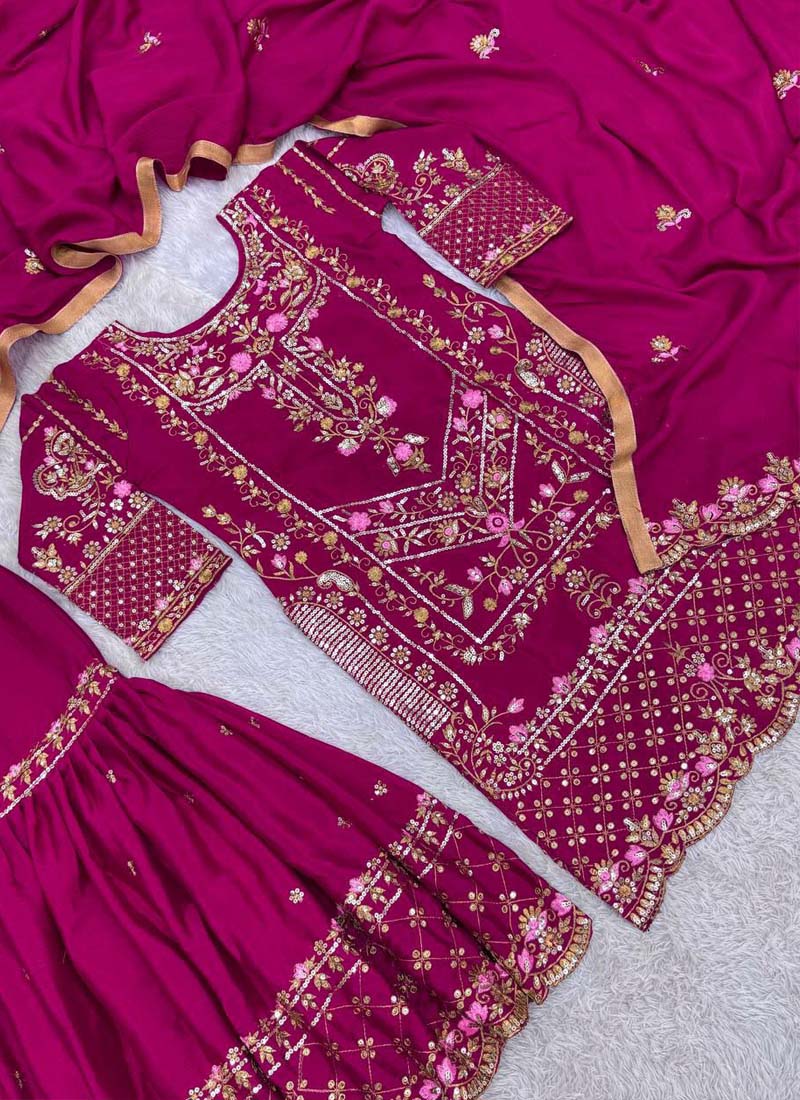 Prazu Fashion Purple Chinon Silk Embroidered Sharara Suit | Grocsy