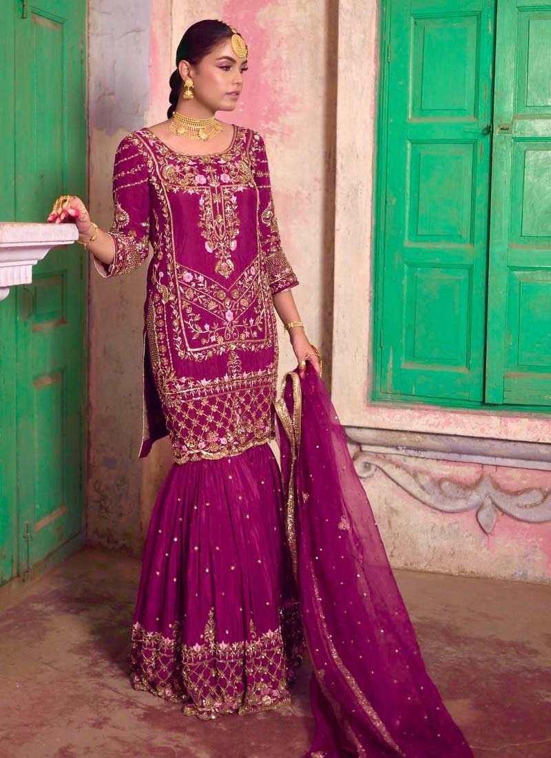 Prazu Fashion Purple Chinon Silk Embroidered Sharara Suit | Grocsy