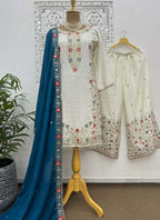 Prazu Fashion Off White Chinon Silk Embroidered Palazzo Suit | Grocsy