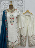 Prazu Fashion Off White Chinon Silk Embroidered Palazzo Suit | Grocsy