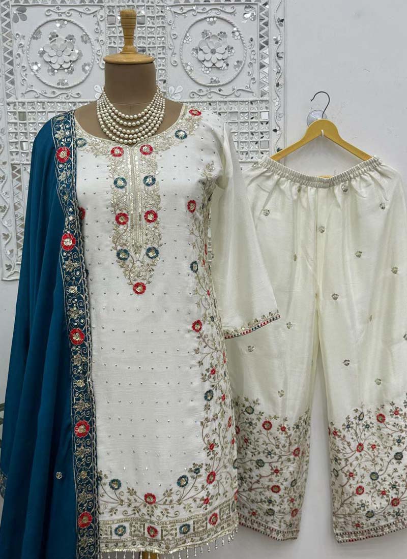 Prazu Fashion Off White Chinon Silk Embroidered Palazzo Suit | Grocsy