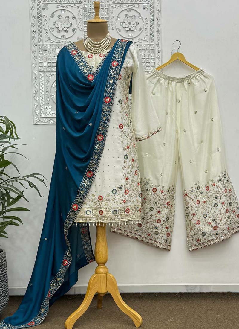 Prazu Fashion Off White Chinon Silk Embroidered Palazzo Suit | Grocsy