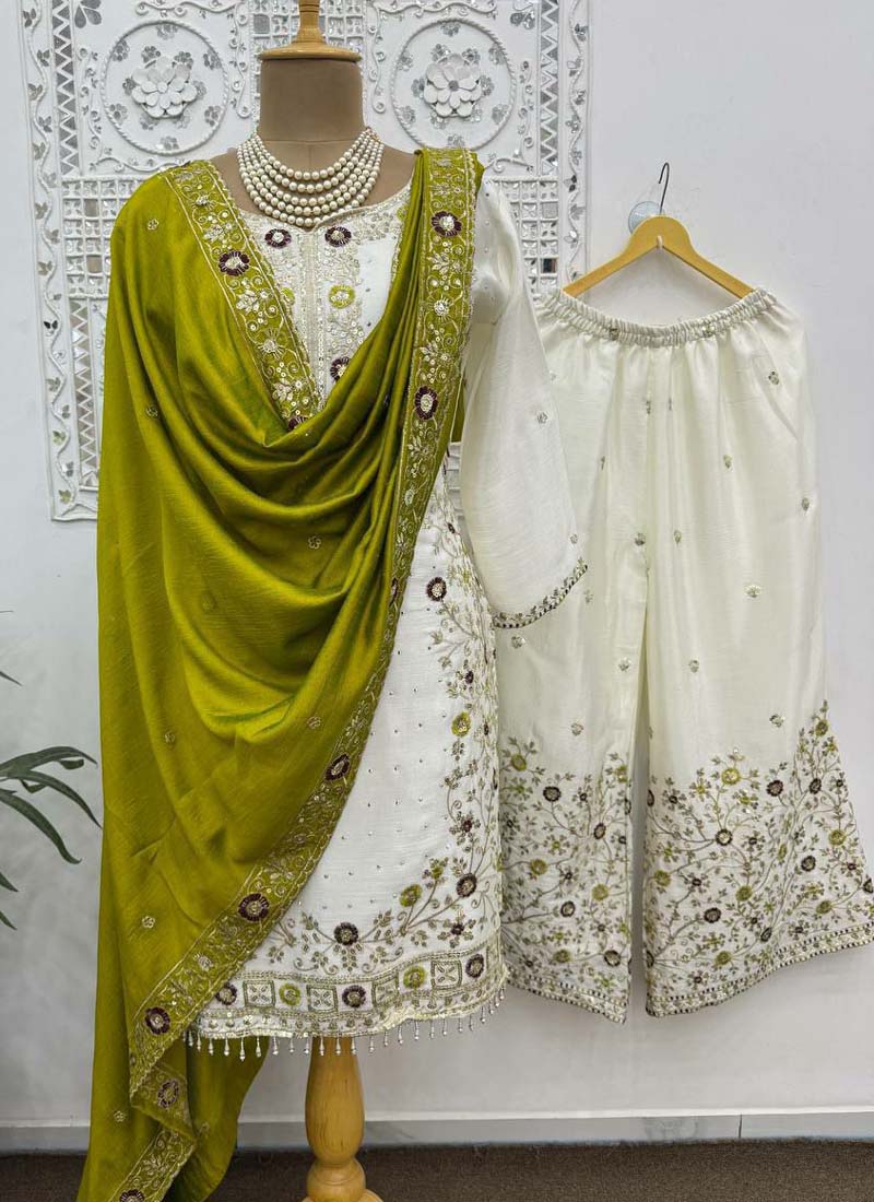 Prazu Fashion Off White Chinon Silk Embroidered Palazzo Suit | Grocsy