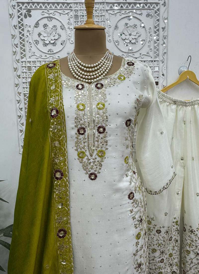 Prazu Fashion Off White Chinon Silk Embroidered Palazzo Suit | Grocsy