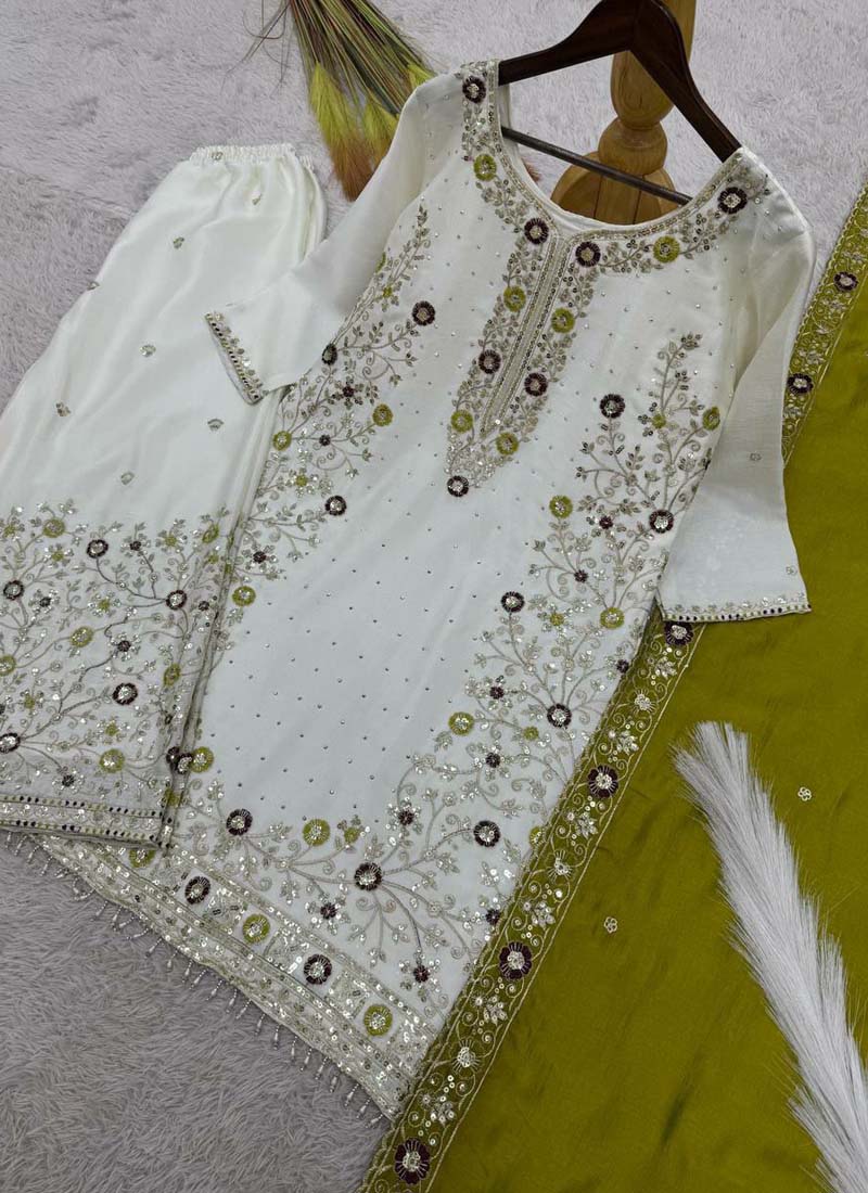 Prazu Fashion Off White Chinon Silk Embroidered Palazzo Suit | Grocsy