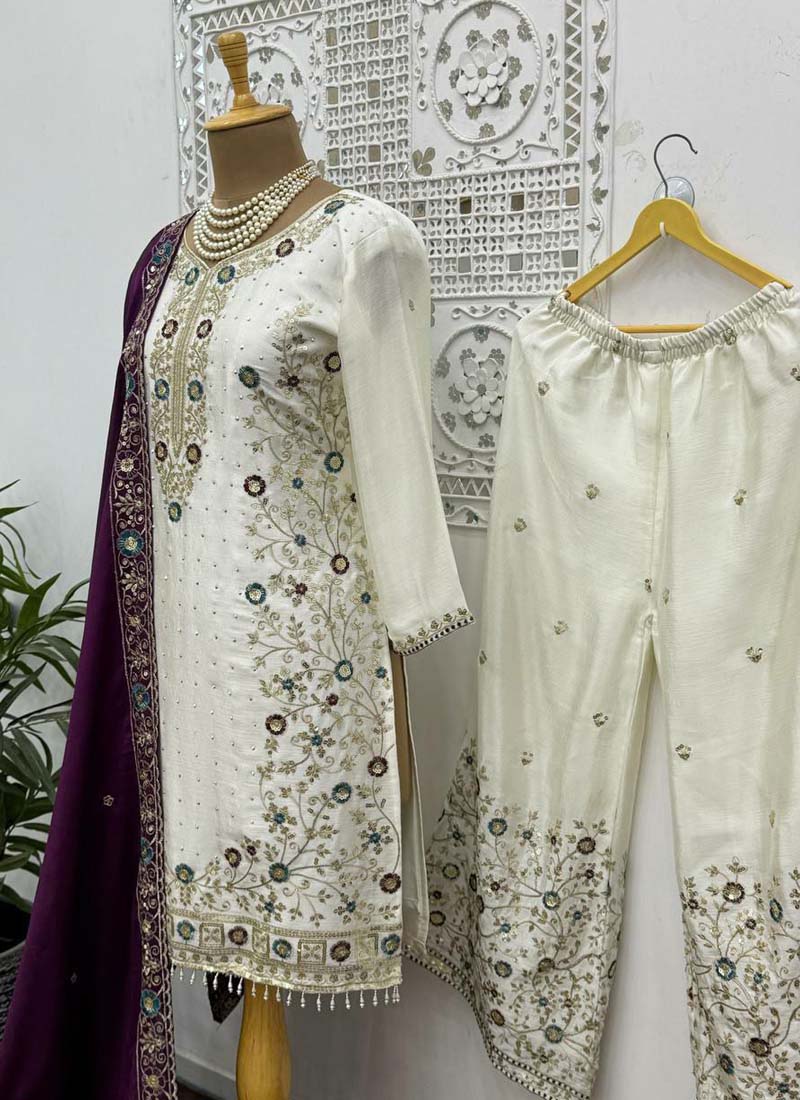 Prazu Fashion Off White Chinon Silk Embroidered Palazzo Suit | Grocsy