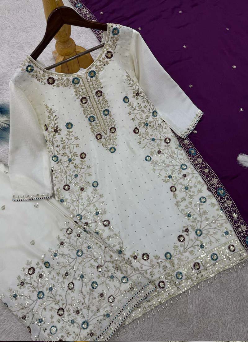 Prazu Fashion Off White Chinon Silk Embroidered Palazzo Suit | Grocsy