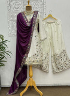 Prazu Fashion Off White Chinon Silk Embroidered Palazzo Suit | Grocsy