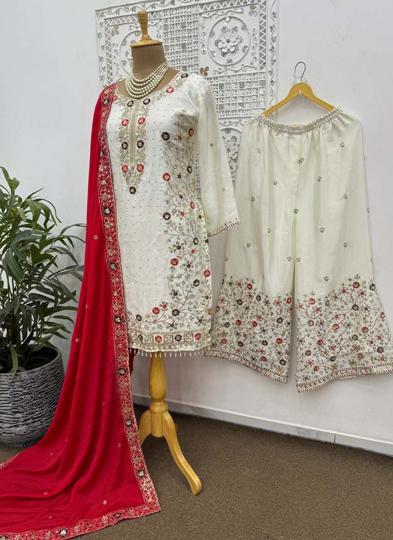 Prazu Fashion Off White Chinon Silk Embroidered Palazzo Suit | Grocsy