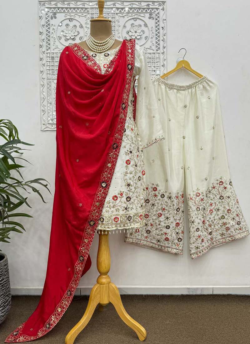 Prazu Fashion Off White Chinon Silk Embroidered Palazzo Suit | Grocsy