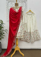 Prazu Fashion Off White Chinon Silk Embroidered Palazzo Suit | Grocsy