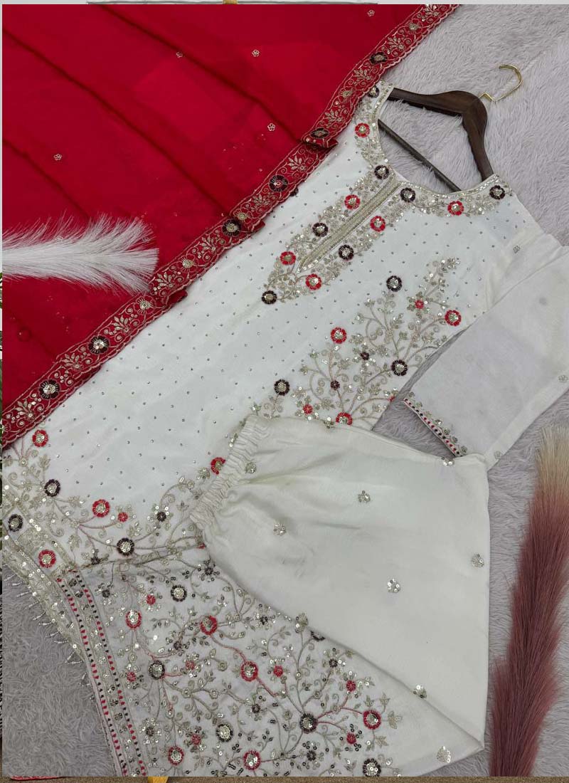 Prazu Fashion Off White Chinon Silk Embroidered Palazzo Suit | Grocsy
